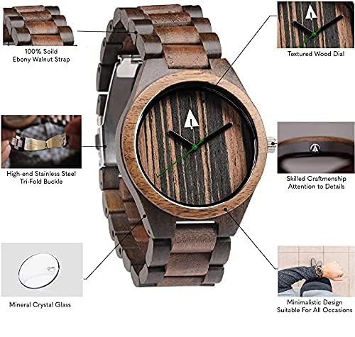 Treehut Men's Walnut and Ebony Wooden Watch with All Wood Strap Quartz Analog with Quality Miyota Movement and Stainless4
