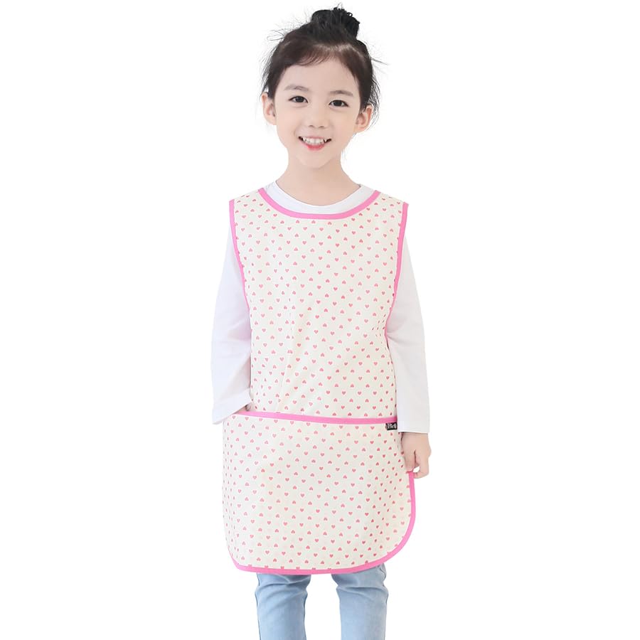 Kids Waterproof Art Tabard | Sleeveless Messy Play Painting Smock for Toddlers | Size SโXL | Kids Artist Apron for School, Daycare, Crafts, Pink Heart Dot (27-L) โ image 1