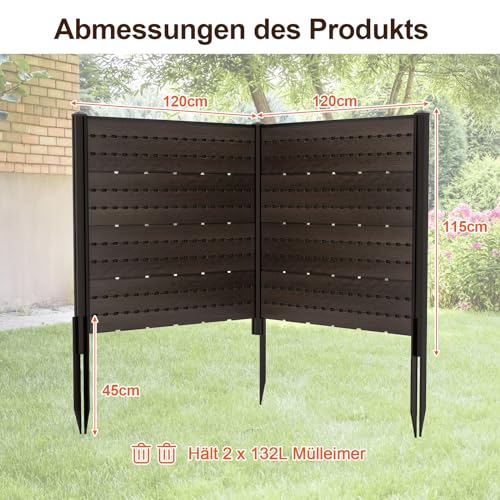 COSTWAY Gartenzaun 2-teilig, Zaun mit Pfosten & Schutzkappen, 115 cm hoch, Sichtschutzzaun aus HDPE, Steckzaun Zaunelementen, Freistehender dekorativer Zaun, Sichtschutz für Garten & Terrasse (Braun)