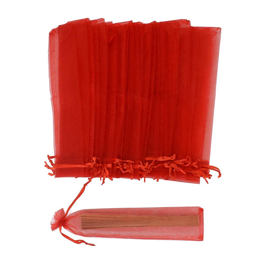 Bezall 50Pcs Red Organza Hand Fan Bags, 2x10 Inches Sheer Christmas Favors Drawstring Pouches Wedding Party Folding Fan Gift Bags