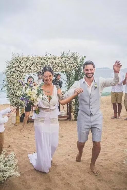 HUUTOE Mens 2 Piece Linen Suits Set Vest with Short Pants Slim Fit Beach Wedding Groomsmen Suits3