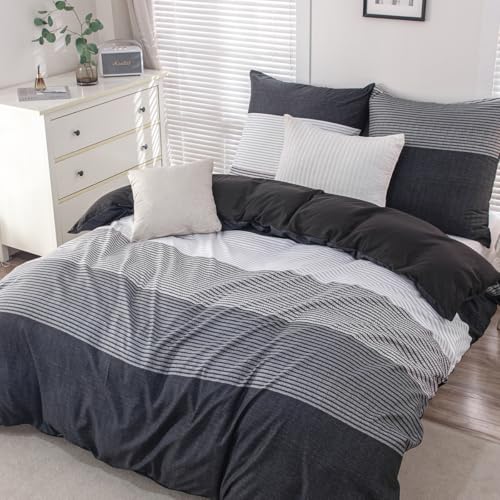 Nesture Bettwäsche 140x200 Schwarz, Bettwäsche-Sets mit Gestreift Muster Microfaser Bettbezug 140 x 200cm 2 Teilig bügelfrei & weich - 1...