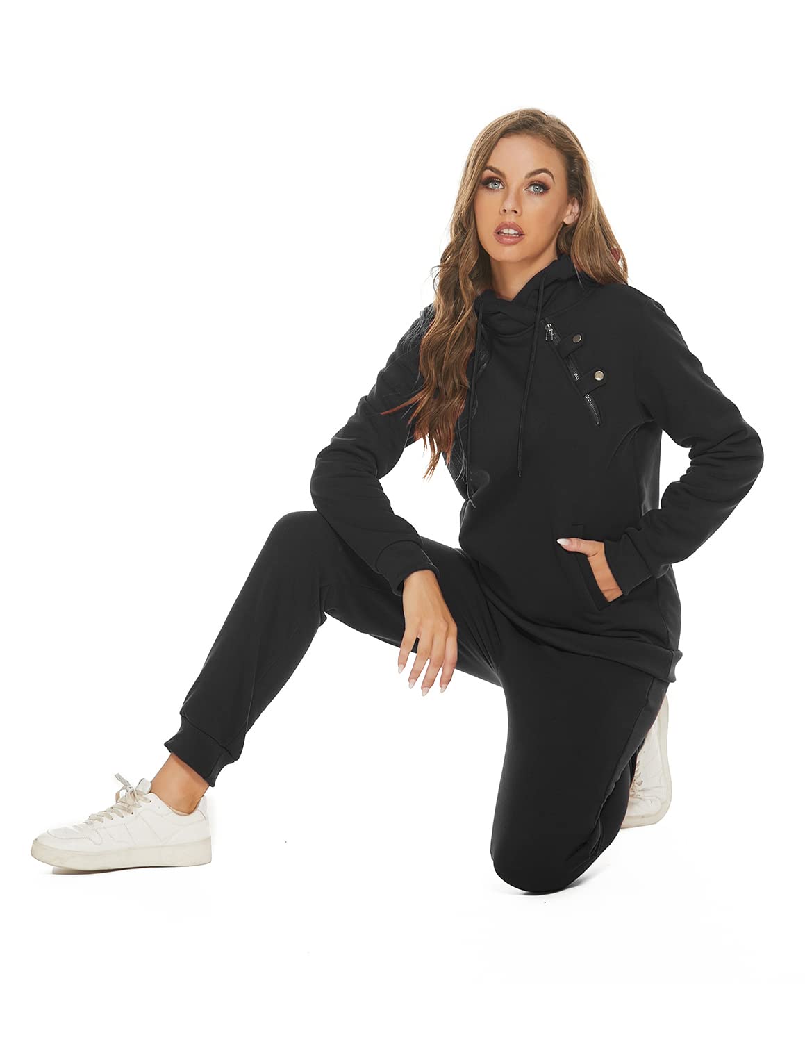 Damski dres treningowy, dwuczęściowy, z długim rękawem, z kapturem, na jesień, zimę, do jogi, fitnessu, uprawiania sportu, na czas wolny, czarny, S