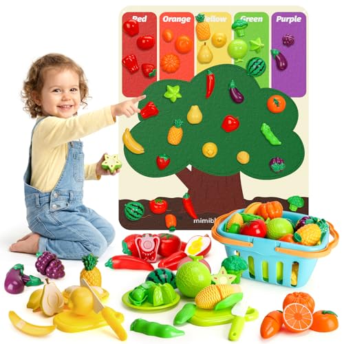 Pretend Play Food Set with Felt Tree Mat & Storage Basket for Kids Boy Girl