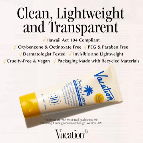 Vacation Classic Sunscreen Lotion SPF 30 & Air Freshener Bundle, Water-Resistant, Lightweight, Transparent on All Skin Tones, Dermatologist-Tested, Vegan, Travel Size, 3.4 Fl. Oz. - Image 5