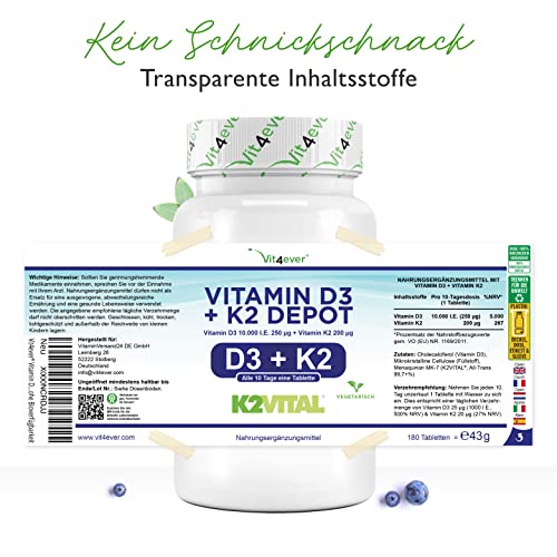 vit4ever Vitamin D3 10.000 I.E + Vitamin K2 200 µg MK7 Depot - 180 Tabletten - Hochdosiert - 99,7% All-Trans MK7 -Vegetarisch - Premium Qualität - Ohne unnötige Zusätze – Bild 7