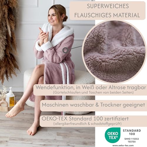 CalmyLIFE Bademantel Damen flauschig Morgenmantel - mit Wendefunktion kuschelige Bademäntel mit Kapuze Kuschelbademantel (L, Altrose/Weiss)