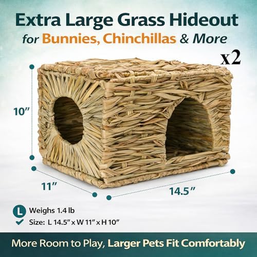 Mechpia Large Grass House for Rabbit, Sleep & Comfortable - 2 Pack Small Animal Hut Play Hideaway Hay Mat Fold Bed Chew Toys for Bunny Guinea Pig Hamster Chinchilla