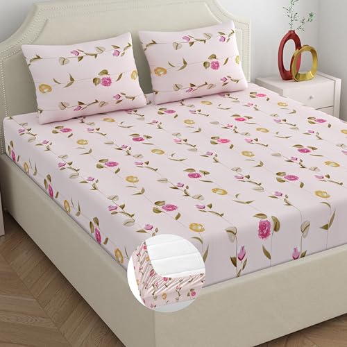 Image of Dreamscape Microfibre Wrinkle & Fade Resistant Fitted Bedsheet for King Bed, 140TC, 1 Fitted Bed Sheet (Size 72 x 78 inches + 12 inches Pocket) with 2 Pillow Covers, Pink