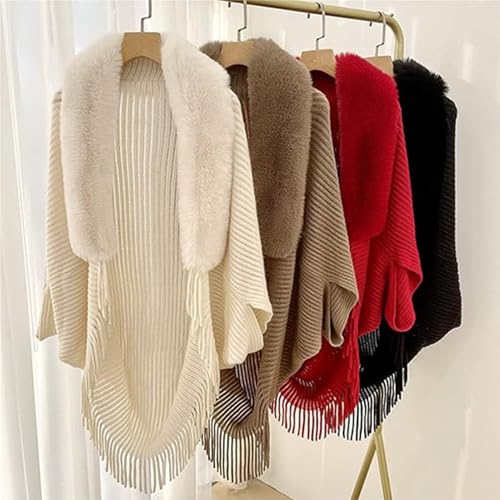 Permitime Knitting Thick Women's Loose Shawl With Fur Collar, Elegant and Cozy Warm Knitted for Women2
