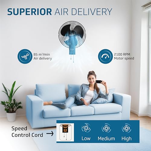Image of V Guard Gatimaan Pro HSW N High Speed Wall Fan for Home | 2100 RPM | 3 Speed Controls | Powerful 100% Copper Motor | Corrossion-Resistant Metal Grill | (Black)