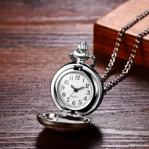 Image of Avaner Flower Printing Pocket Watches: Colorful Flower Analog Quartz Silver Pocket Watches with Chain for Men and Women