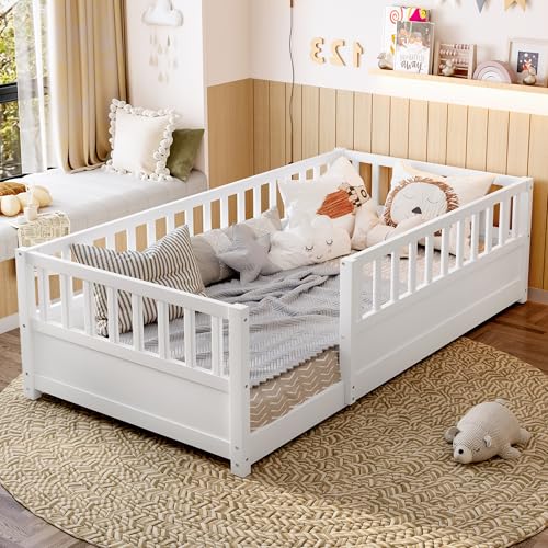 Bellemave Twin Size Montessori Floor Bed with High Rails High Rails Floor Bed with Slats and Fence Easy Assemble Montessori Beds for Girls Boys(White Twin)