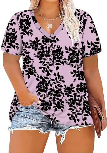 Image of ForHailey Women's Plus Size Short Sleeve Tee Shirt V Neck Basic Ladies Loose Fit T Shirt 1X-5X