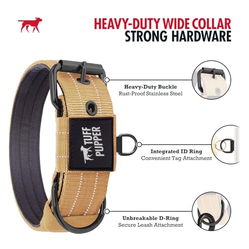 Image of Tuff Pupper Heavy Duty Tactical Dog Collar | 1.5 inch Wide Ballistic Nylon | Reflective Stitching | Integrated ID Tag Holder | Stainless Steel Buckle | Padded Lining | Medium & Large Dogs (Tan, Large)