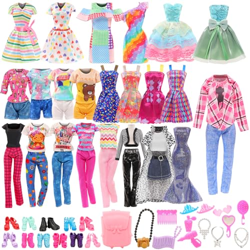 Barwa Lot 36 Items 3 Fashion Dresses 3 Casual Tops and Pants Outfits 6 Pcs Mini Dresses with 1 Bags 10 Shoes, 13 Accessories for 11.5 Inch Girl Doll Birthday Xmas