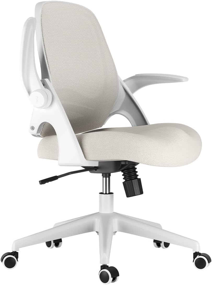Ergonomic Office Chair with Folding Armrest, Canvas Office Chair, 360° Swivel, Grey
