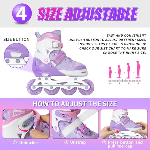 Image of Nattork Adjustable Inline Skates for Tollder Girls with Light up Wheels - Purple Little Kids Blade Roller Skating for Beginners Size 10J 11J 12J Ages 4 5 6