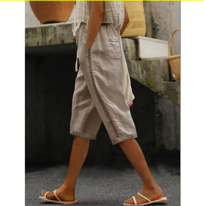 Women's Linen Capri Pants Side Lace Hollow Drawstring Summer Casual Pant Pockets Elastic Waist Lightweight Beach Pant Khaki XXXL