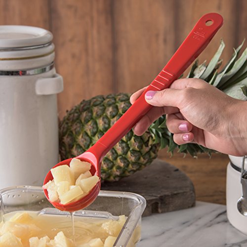Image of Carlisle FoodService Products 2 Oz Perforated Portion Control Spoon - Long Handle Serving Spoon - Red Polymer Foodservice Spoon for Commercial Kitchens