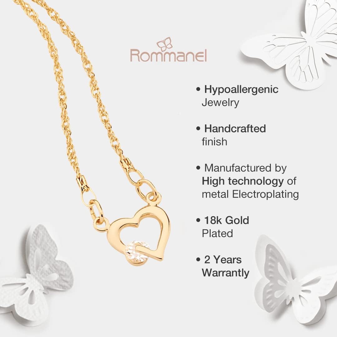 Rommanel 18K Gold-Plated Chain, Heart-Shaped Symbol with a Round Crystal, Handcrafted, Hypoallergenic …