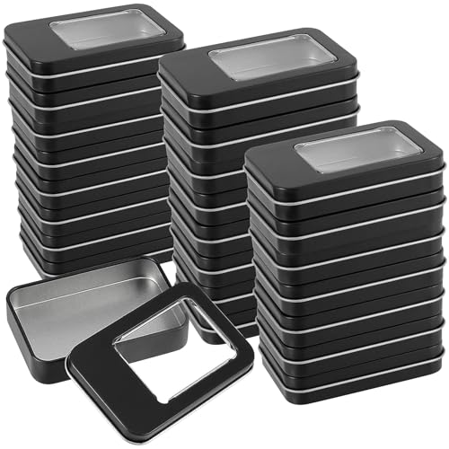 FUNSUEI Metal Tin Box Clear Top, Rectangular Empty Storage Tins 20 Pack 3.4 x 2.3 x 0.7 Inches, Metal Tin Box Clear Top Tins for Candies, Gifts, Balms, and Small Crafts (Black) by FUNSUEI - Used condition - US$14.64