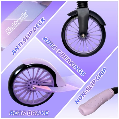 Image of Nattork Kick Scooter for Age 6+ Kids Teens Adults, Max Load 240 LBS, Adjustable Height Foldable with 8 inch Large Wheels, Anti-Shock Suspension