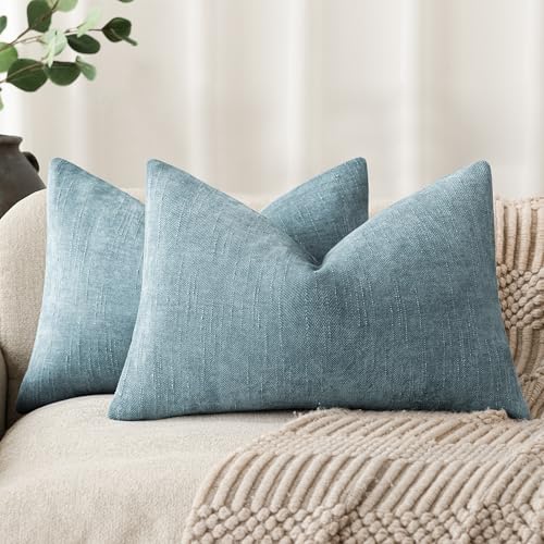 Image of Foindtower Pack of 2 Soft Textured Chenille Throw Decorative Pillow Covers Square Accent Solid Cushion Cover Neutral Lumbar Pillow Case for Couch Sofa Bedroom Living Room 12x20 Inch,Sky Blue