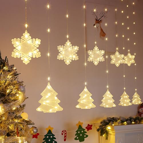 BLOOMWIN Christmas Window Lights Indoor - 2M 160 LED Christmas Lights Window Decorations, Snowflake Curtain Hanging Fairy String Icicle Lights for Xmas Bedroom Wall Party Outdoor, Warm White USB