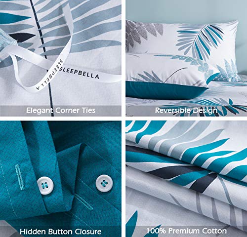 Image of SLEEPBELLA Duvet Cover Set, 600 Thread Count Cotton Leaf Botanical Pattern Print Reversible Comforter Cover Set (Queen, Teal Blue-Leaf)