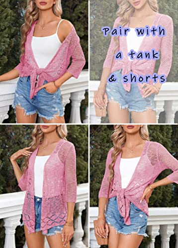 Image of Nulibenna Womens Sheer Shrug Sweaters 3 /4 Sleeve Open Front Tie Cardigan Bolero Jacket Lightweight Crochet Knit Cover Up Tops
