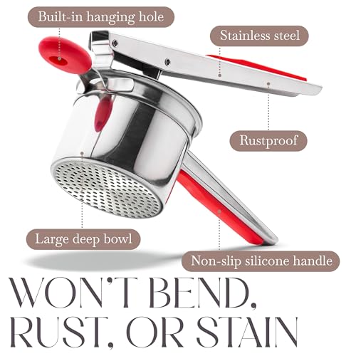 Bellemain 15 oz Large Potato Ricer | Heavy-Duty Stainless Steel Potato Ricer & Masher | Perfect for Mashed Potatoes | Kitchen Tool with Fixed Disc (Red)