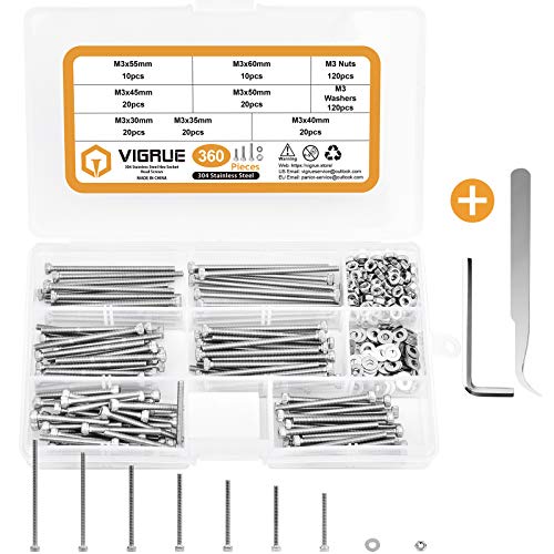VIGRUE 360PCS M3 Screws Bolts Assortment Kit M3 x 40mm/45mm/50mm/55mm/60mm Stainless Steel 304 Hex Socket Head Cap Machine Screws Bolts Nuts Assortment Hex Key Wrench Kit