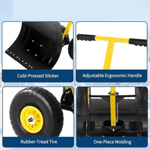 Heavy-Duty Adjustable Snow Plow with Wheeled Design for Driveways and Sidewalks, Height & Angle Adjustable Handle (29.1" W x 16.5" H) - Effortless Snow Removal