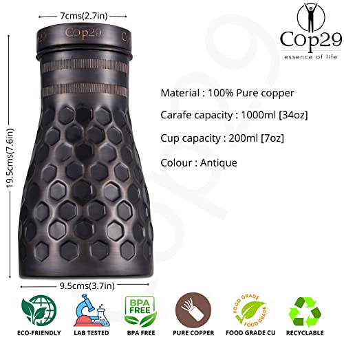 Cop29 Handmade Dolny Antique Honeycomb Copper Bedroom Water Bottle I Pitchers with Lid I Bedside Water Carafe (Indoor Use with Loose Lid) -1000ml/34oz - Image 2