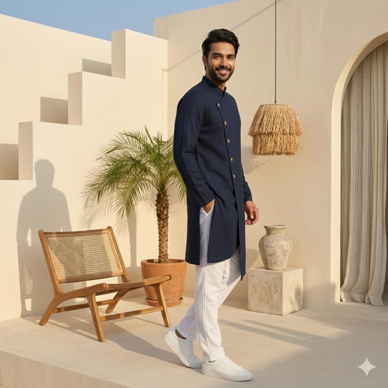 Image of OOMPH! Men's Ethnic Traditional Asymmetric Kurta Polycotton Regular Fit | High Neck Full Sleeves | Traditional Indian Festive Kurta | Stylish Casual and Wedding