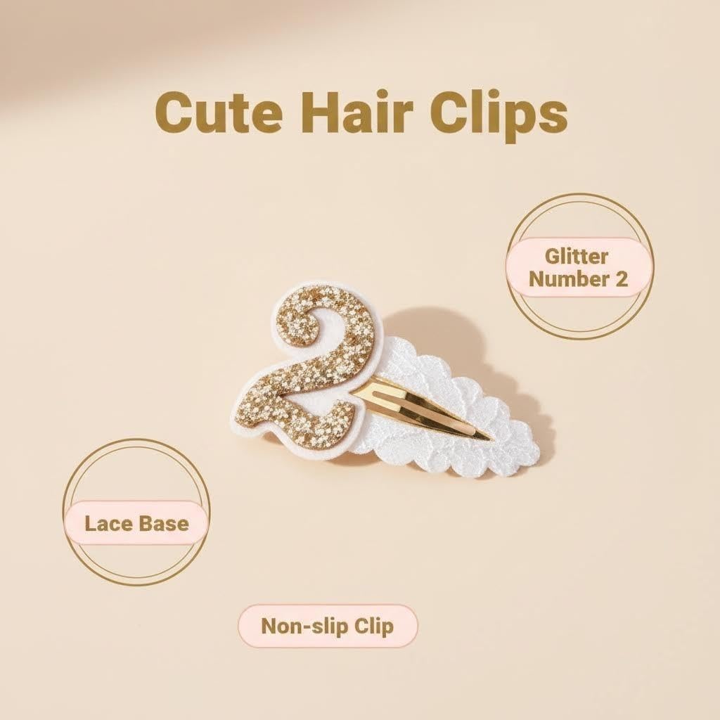 2nd Birthday Hair Clip for Baby Girls-Birthday Hair Clips for Party Decorations,Two Plush Fabric Gold Glitter Number Hair Clip, Head Ornament Accessories Photo Props for Baby Showers