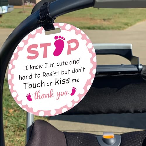 Image of 2 Pack Foot Print Do Not Touch Signs Stroller Tag Cute No Touching or Kissing Car Seat Signs Stop Touching Safety Sign Carseat Tags for Carriage Stroller Backpacks Pregnancy Gift