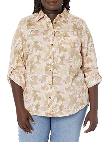 Foxcroft Women's Zoey Long Sleeve With Roll Tab Cozy Camo Blouse, Ivory Multi, 2 #TOP13