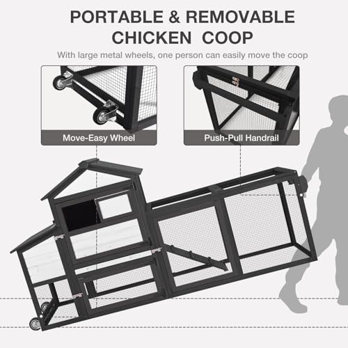Image of Mobile Chicken Coop with Wheels, Large Outdoor Hen House with Run for 4-6 Chickens, Weatherproof Asphalt Roof, Sectionable Nesting Box & Pull-Out Tray, 82.4 inch L x 25.8 inch W x 44.1 inch H - Black