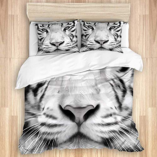 Juego de funda de edredón Escala de grises Primer plano Tigre de Bengala blanco Estilo de pintura al óleo El gato más grande Salvaje Peligroso Bestia poderosa 1 funda de edredón y 2 fundas de almohada