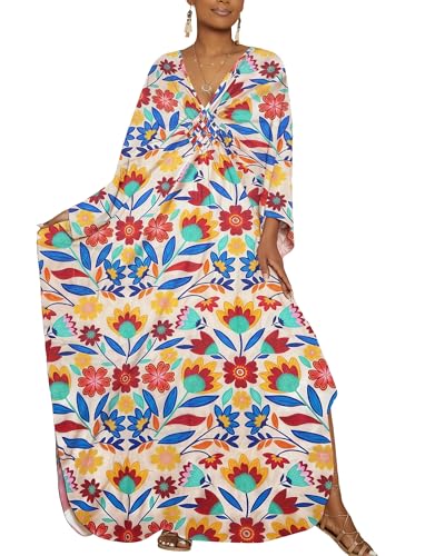 Image of Bsubseach Women Floral Print Kaftan Dresses Plus Size Bathing Suit Cover Up Moo Moos Caftan Beach Dress for Swimwear Summer
