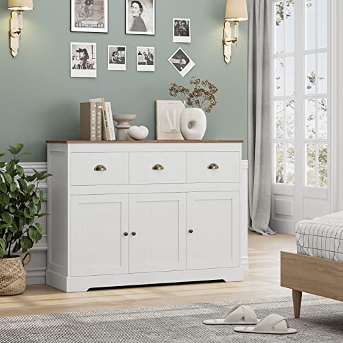 Buffet Cabinet Storage Kitchen Cabinet Sideboard Farmhouse Buffet Server Bar Wine Cabinet With 3 Drawers & 3 Doors Adjustable Shelves Console Table For Dining Living Room Cupboard, Antique White #TOP7