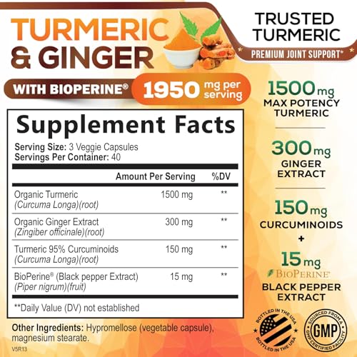Turmeric Curcumin Supplement 1950mg with Organic Turmeric & Ginger, 95% Curcuminoids, BioPerine Black Pepper for Best Absorption, Nature's Vegan Joint Support, Non-GMO, Bottled in USA - 120 Capsules - Image 3