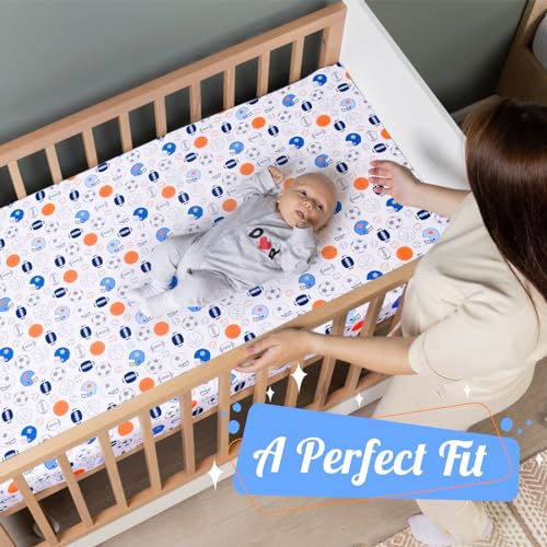 Image of Crib Sheet - 1 Pack Sports Theme Nursery Bedding Sheet - Footballs Printed Standard Size Infant Bed Sheet Basketball Baby Boy Bed Linens for Crib by UOMNY