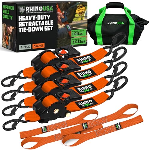 Rhino USA Retractable Ratchet Straps (4-Pack) - 2 Inch x 10 Feet (3,033lb Break Strength) - Heavy Duty Auto Self Retracting Tie Down Straps for Truck, Cargo Trailer, Motorcycle, Rad & More - Orange