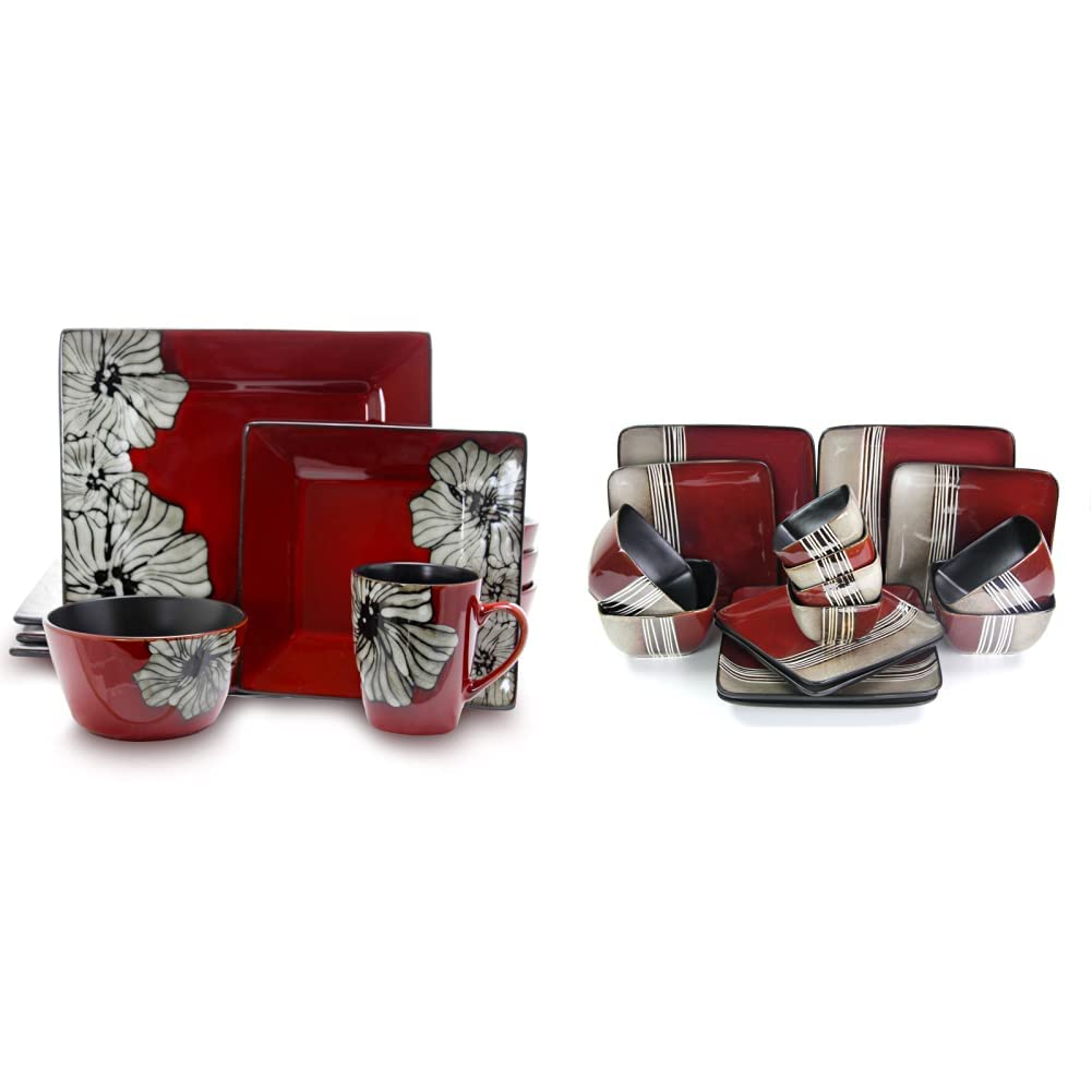 Elama Stoneware Dinnerware Collection, 16 Piece, Red with White Flower Accents & Square