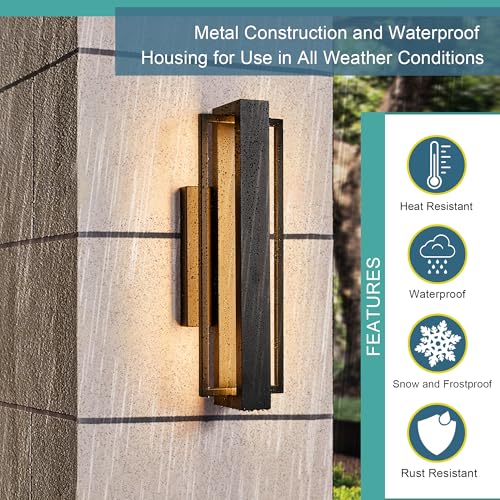 Image of Tarentlight Double Square Frame Outdoor LED Wall Light, 15 Inch Textured Black Wall Sconce, Sleek Modern Light Fixture, Integrated LED 3000K 16W, Outside Lights for Patio, Porch, Front Door or Garage