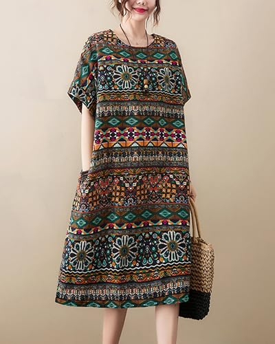 Image of LUZU JUNU Women's Summer Baggy Plus Size Loose Cotton Linen Long Boho Beach Dress with Pockets