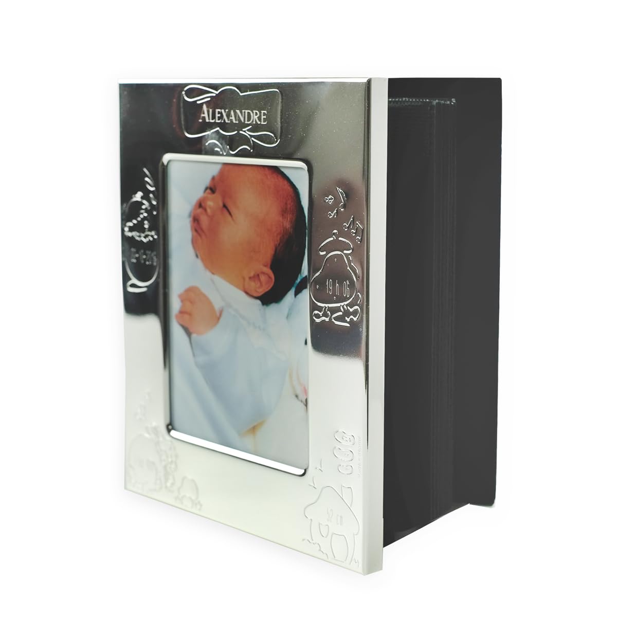 Álbum de fotos personalizado de metal plateado para bebé, 49 fotos, 13 x 15,5 cm, plata y negro